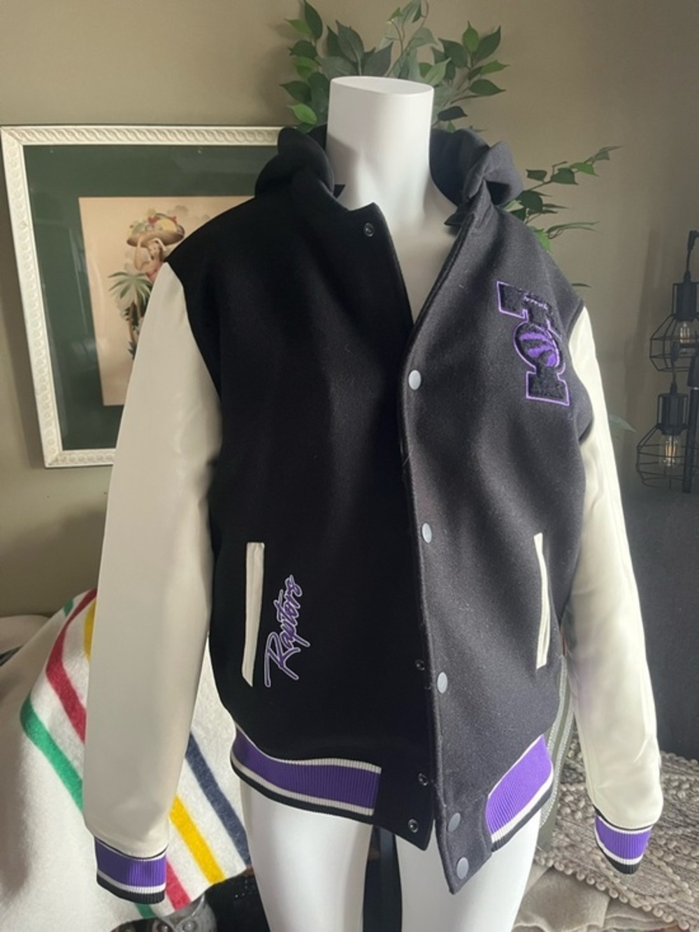 NBA Toronto Raptors Black & White Wool Letterman Jacket with Purple Accents